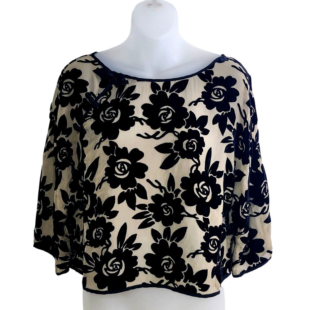 Anthropologie FLOREAT Black Floral Velvet Burnout Silk Rayon Blouse Top Size 0